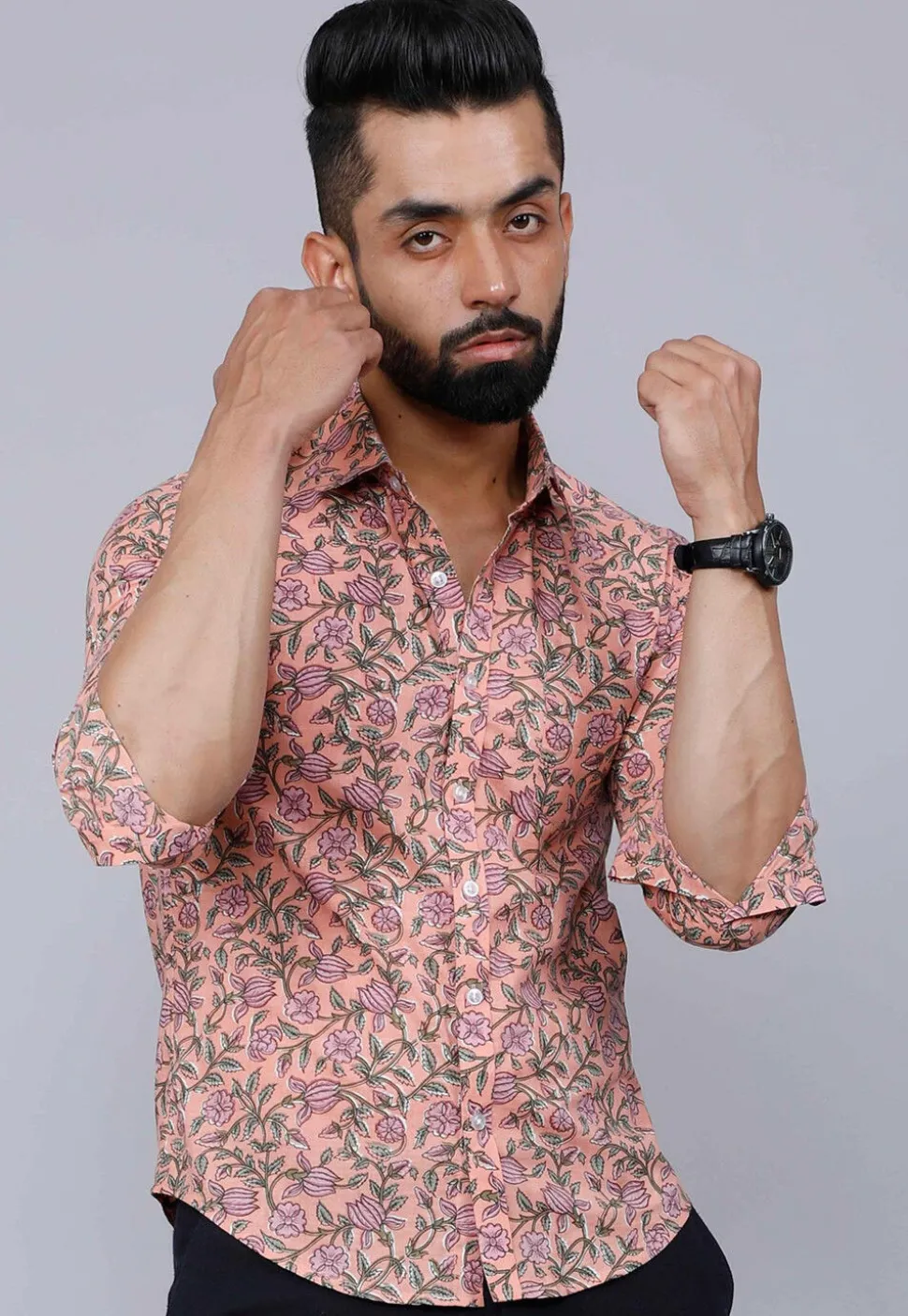 Printed Pure Cotton Shirt in Pastel Orange