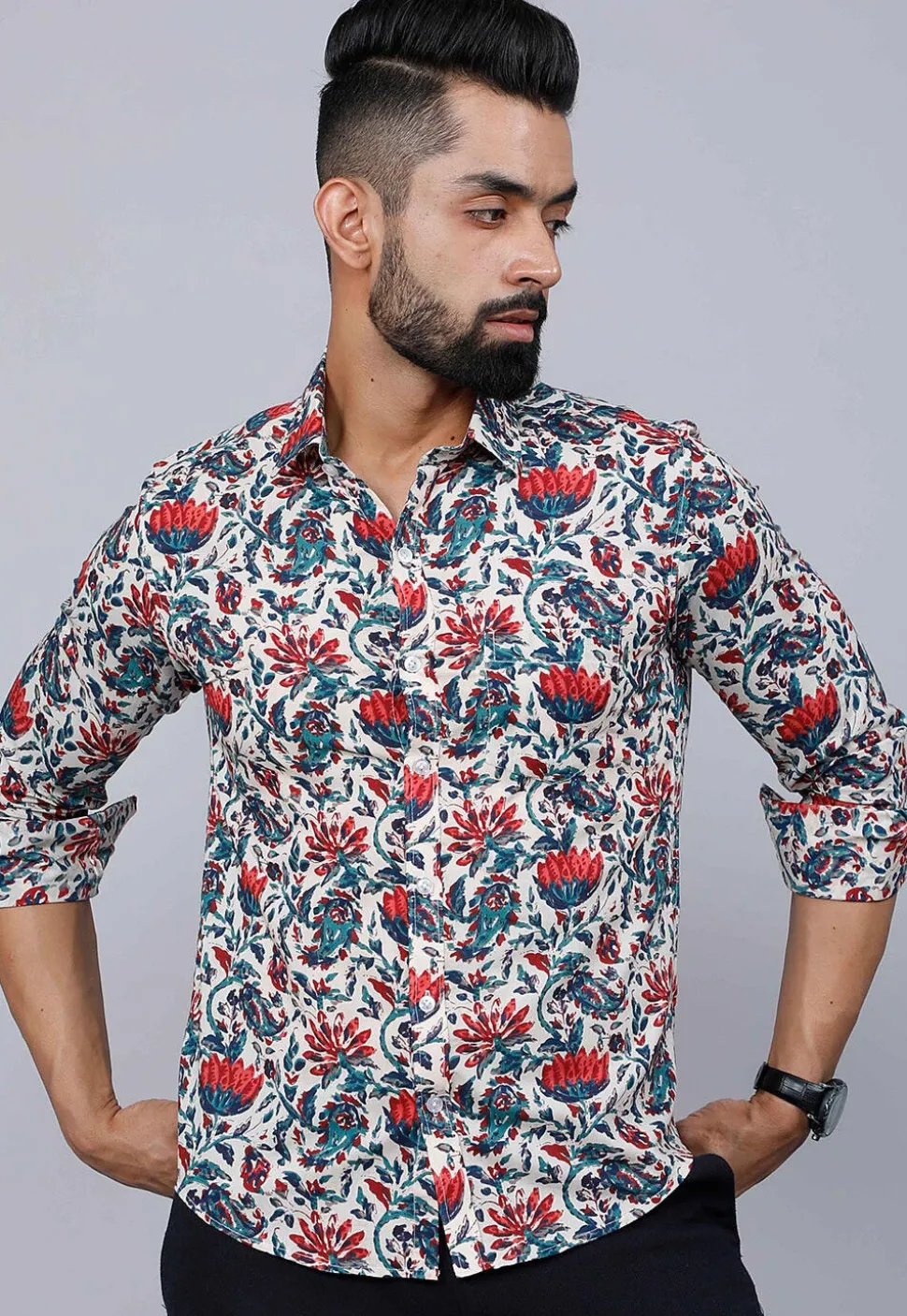 Printed Pure Cotton Shirt in Off White