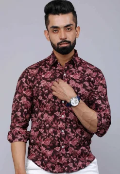 Printed Pure Cotton Shirt in Maroon