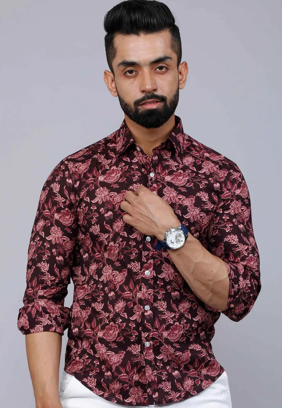Printed Pure Cotton Shirt in Maroon