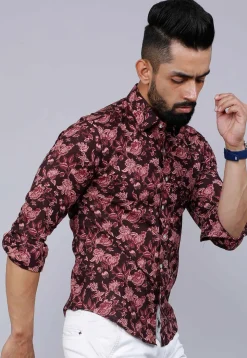 Printed Pure Cotton Shirt in Maroon