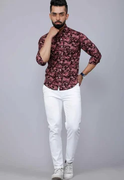 Printed Pure Cotton Shirt in Maroon