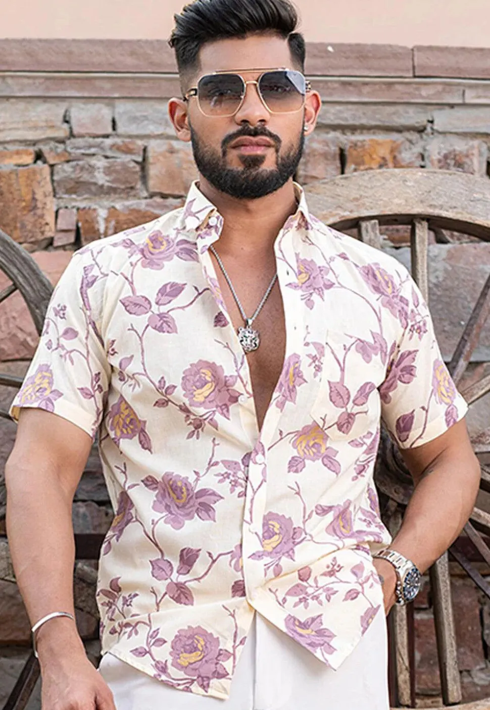 Printed Pure Cotton Shirt in Off White