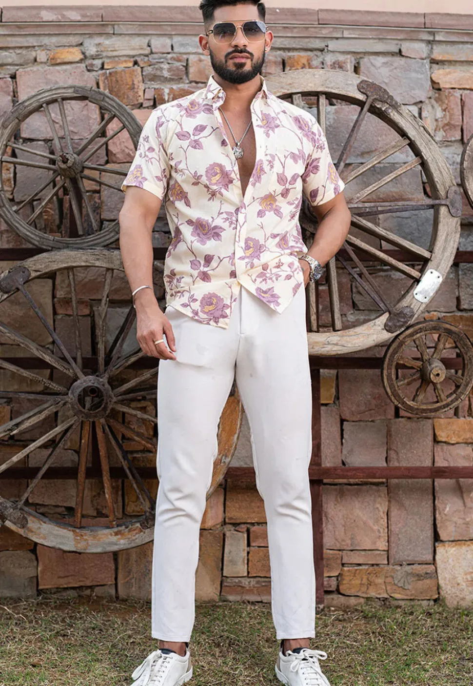 Printed Pure Cotton Shirt in Off White