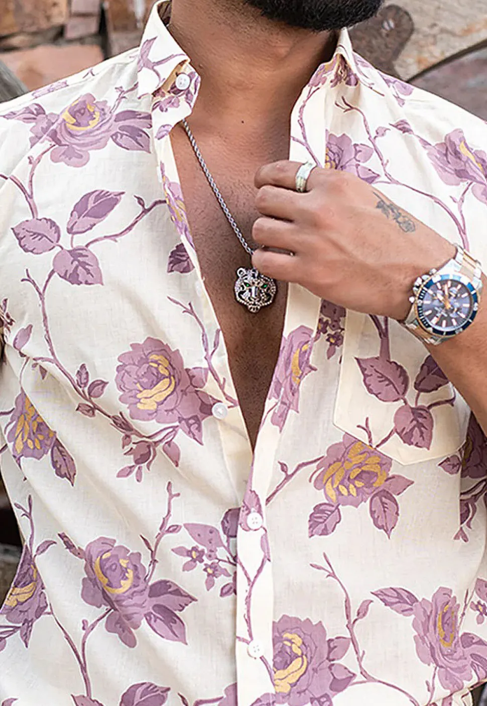 Printed Pure Cotton Shirt in Off White