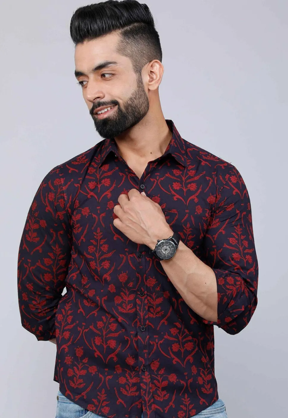 Printed Pure Cotton Shirt in Navy Blue