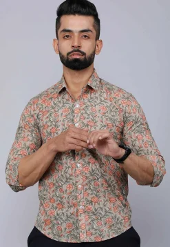 Printed Pure Cotton Shirt in Light Fawn