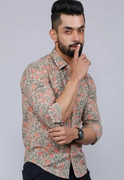 Printed Pure Cotton Shirt in Light Fawn