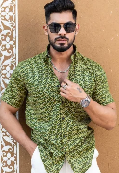 Printed Pure Cotton Shirt in Light Olive Green