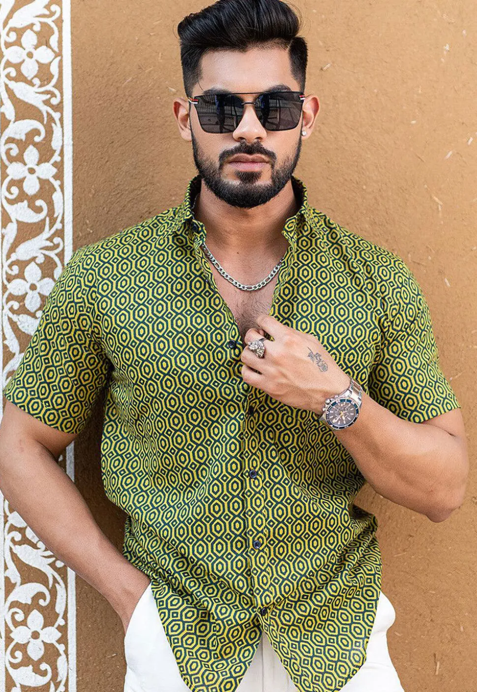 Printed Pure Cotton Shirt in Light Olive Green