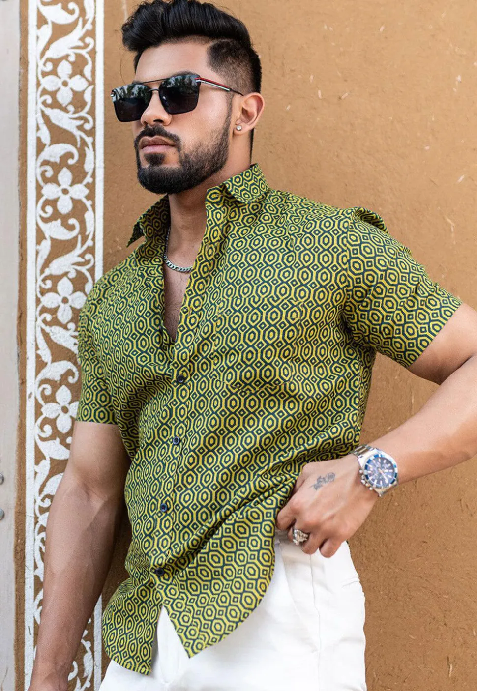 Printed Pure Cotton Shirt in Light Olive Green