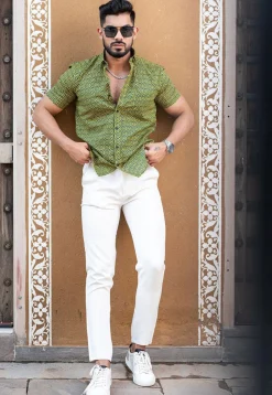 Printed Pure Cotton Shirt in Light Olive Green
