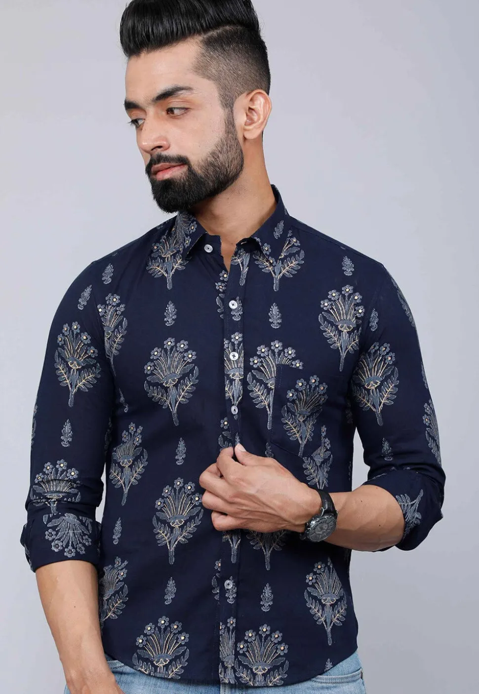 Printed Pure Cotton Shirt in Navy Blue