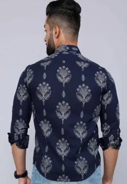 Printed Pure Cotton Shirt in Navy Blue