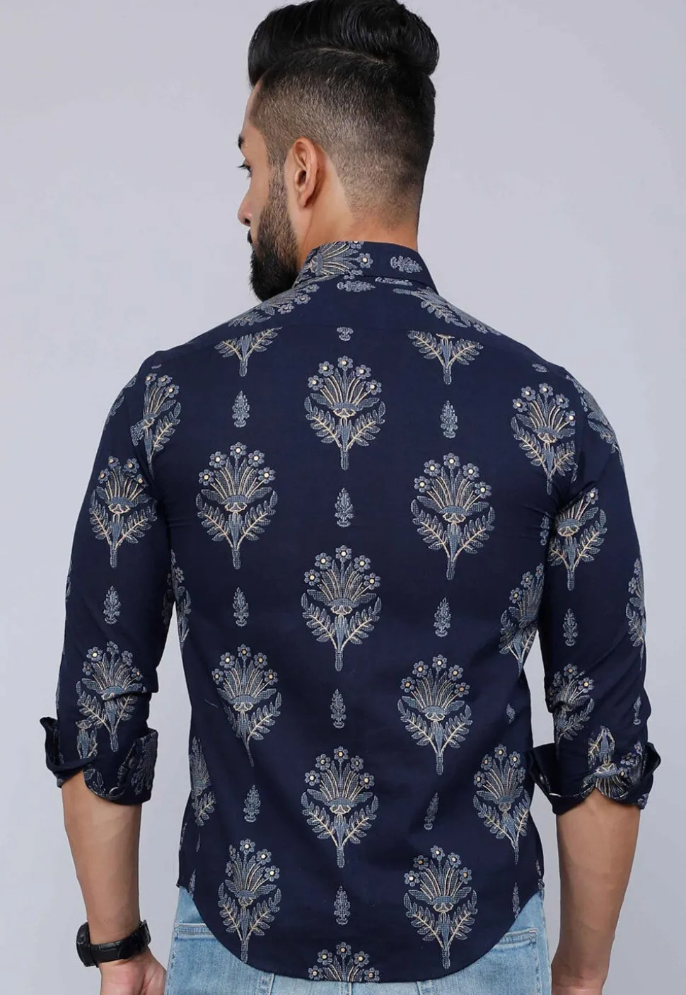 Printed Pure Cotton Shirt in Navy Blue