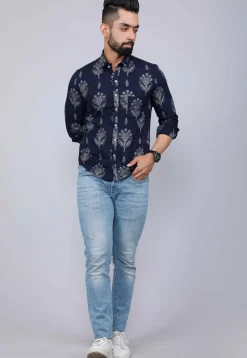 Printed Pure Cotton Shirt in Navy Blue