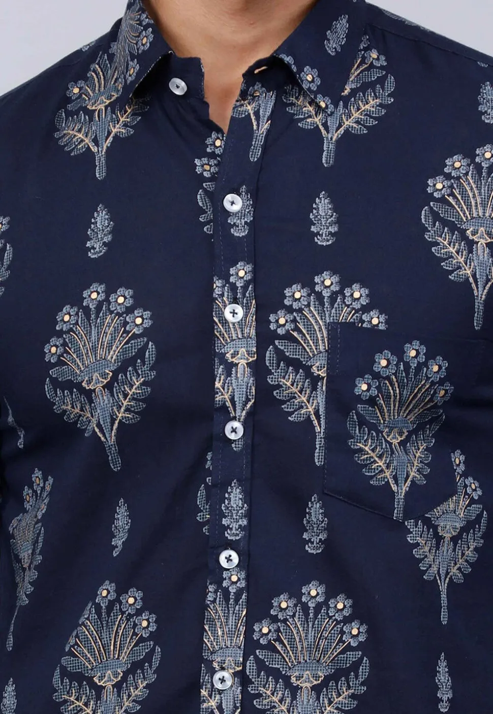 Printed Pure Cotton Shirt in Navy Blue