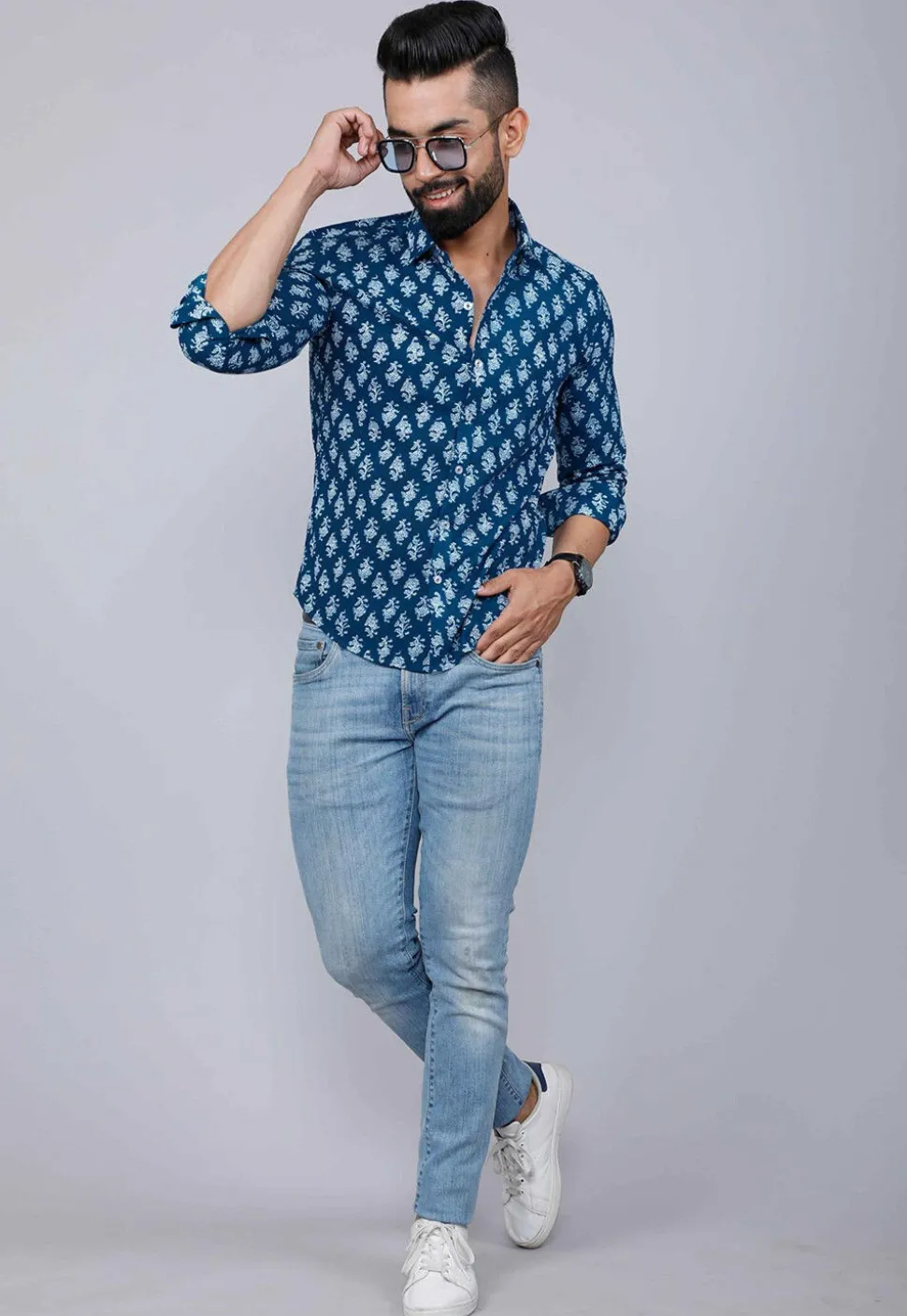 Printed Pure Cotton Shirt in Blue