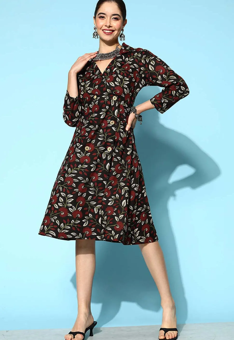 Printed Pure Cotton Shirt Dress in Black