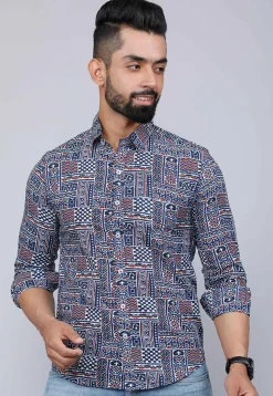 Printed Pure Cotton Shirt in Navy Blue