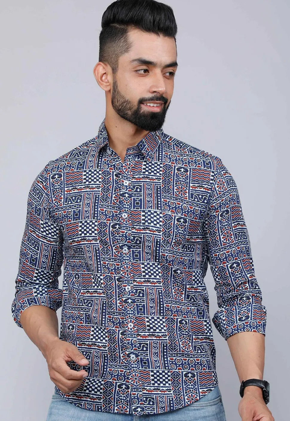 Printed Pure Cotton Shirt in Navy Blue