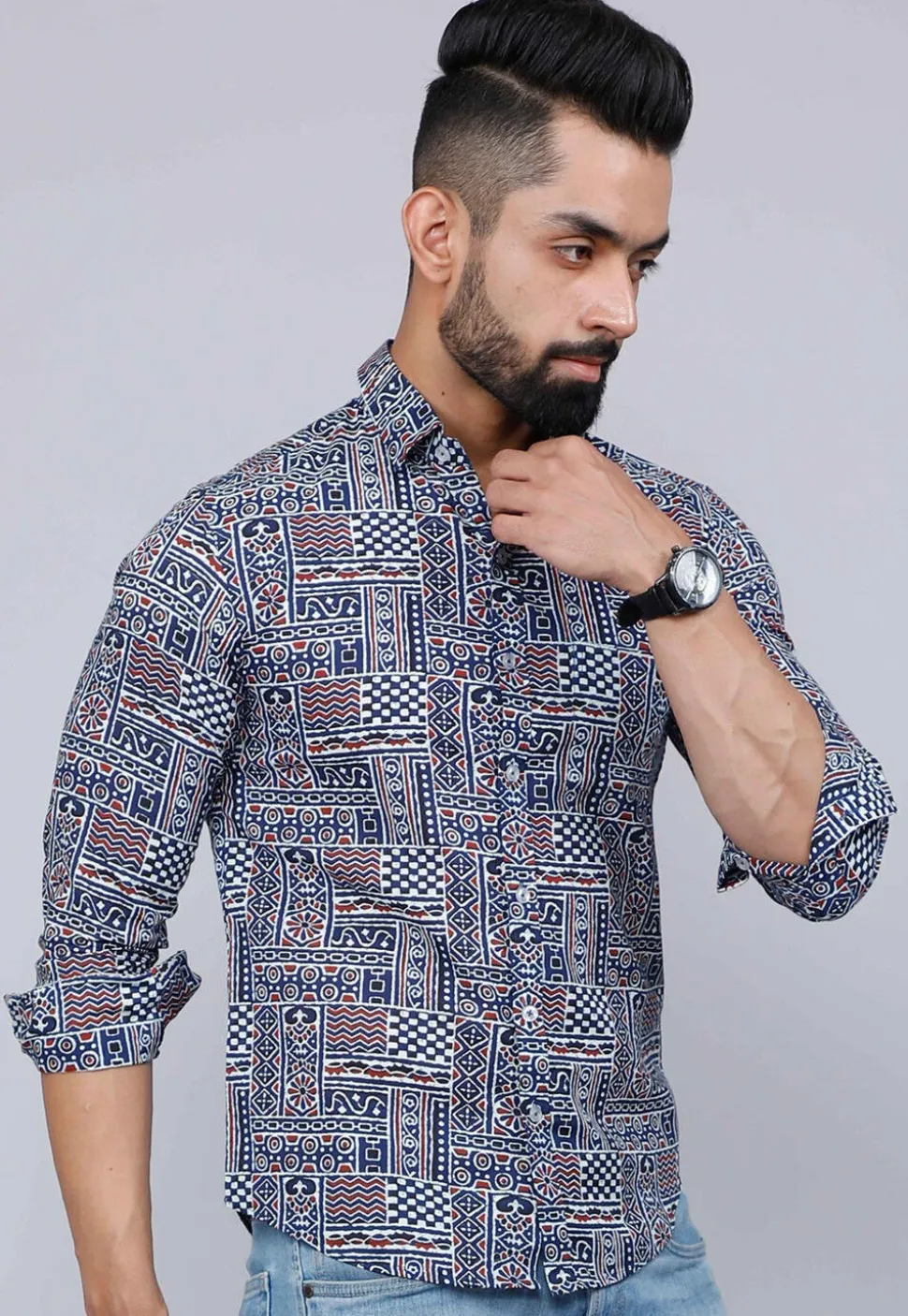 Printed Pure Cotton Shirt in Navy Blue