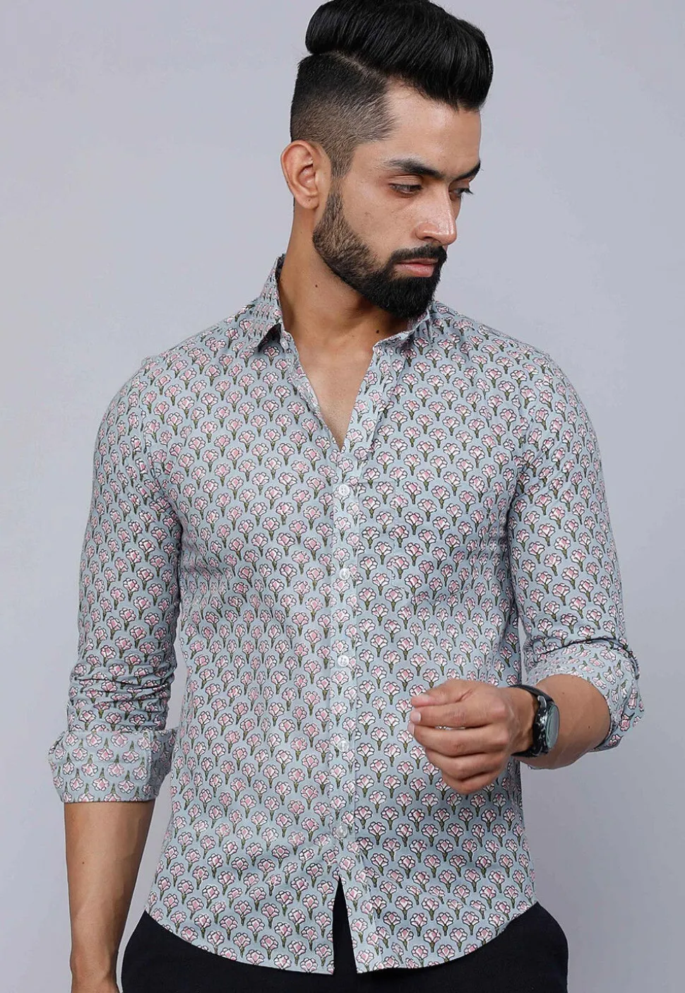 Printed Pure Cotton Shirt in Sky Blue