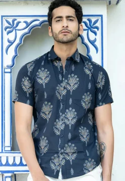 Printed Pure Cotton Shirt in Navy Blue