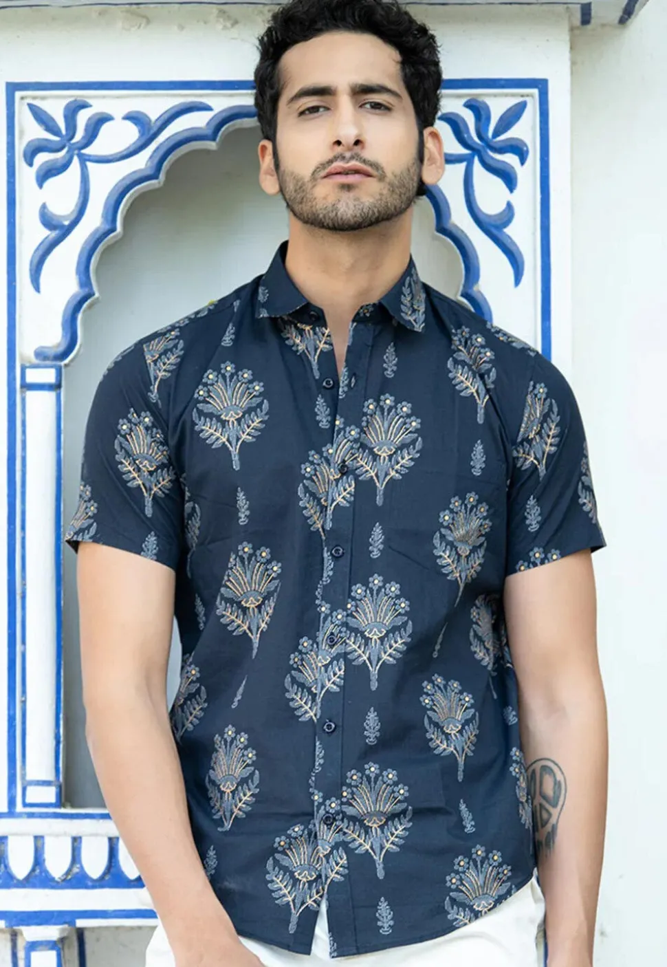 Printed Pure Cotton Shirt in Navy Blue