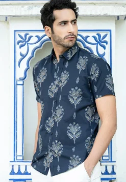 Printed Pure Cotton Shirt in Navy Blue