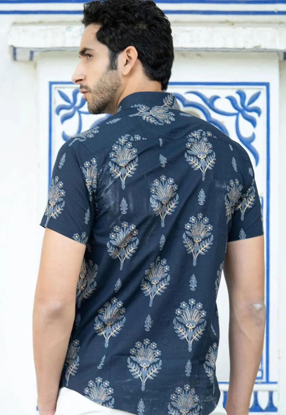 Printed Pure Cotton Shirt in Navy Blue