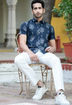 Printed Pure Cotton Shirt in Navy Blue