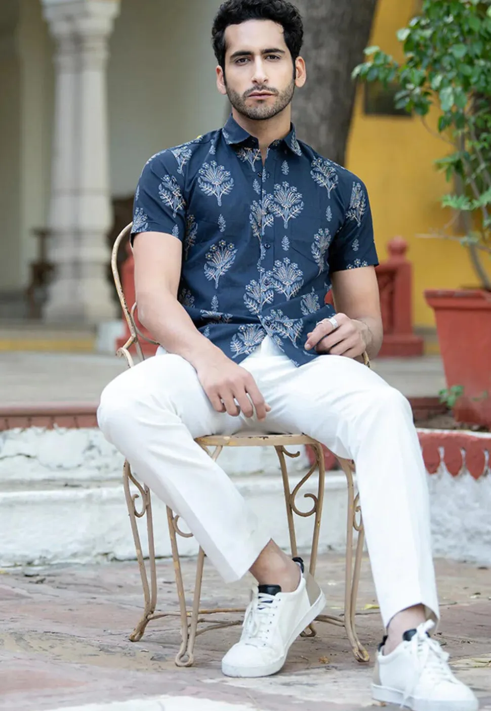 Printed Pure Cotton Shirt in Navy Blue