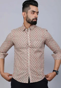 Printed Pure Cotton Shirt in Light Fawn