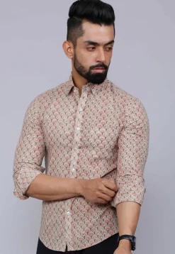 Printed Pure Cotton Shirt in Light Fawn