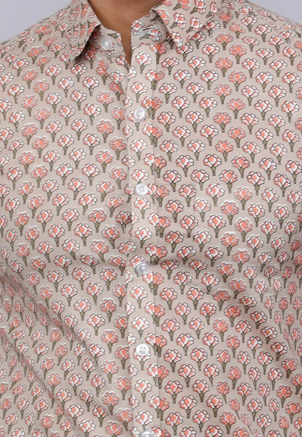 Printed Pure Cotton Shirt in Light Fawn