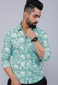 Printed Pure Cotton Shirt in Sea Green