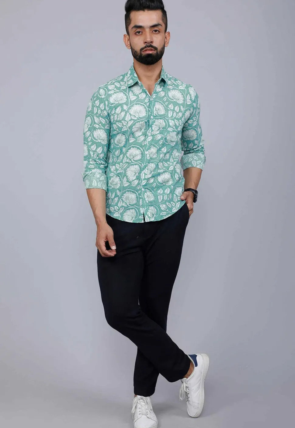 Printed Pure Cotton Shirt in Sea Green