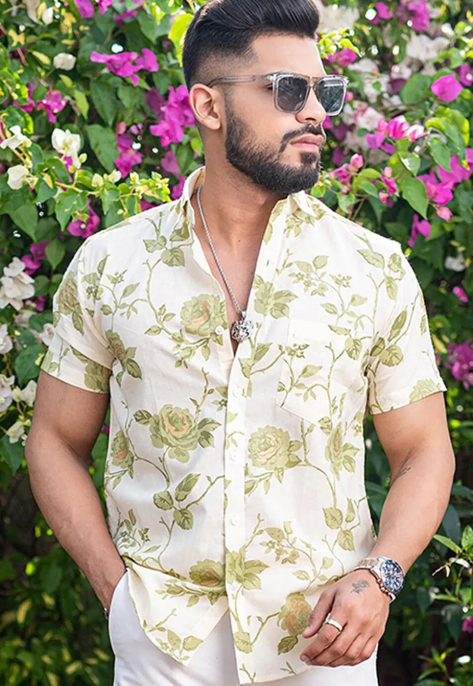 Printed Pure Cotton Shirt in Off White