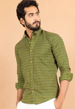 Printed Pure Cotton Shirt in Light Olive Green