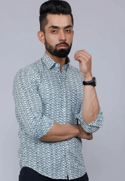 Printed Pure Cotton Shirt in White and Blue