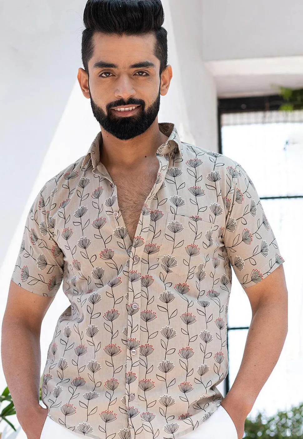 Printed Pure Cotton Shirt in Light Fawn