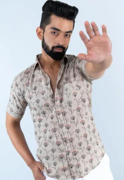 Printed Pure Cotton Shirt in Light Fawn