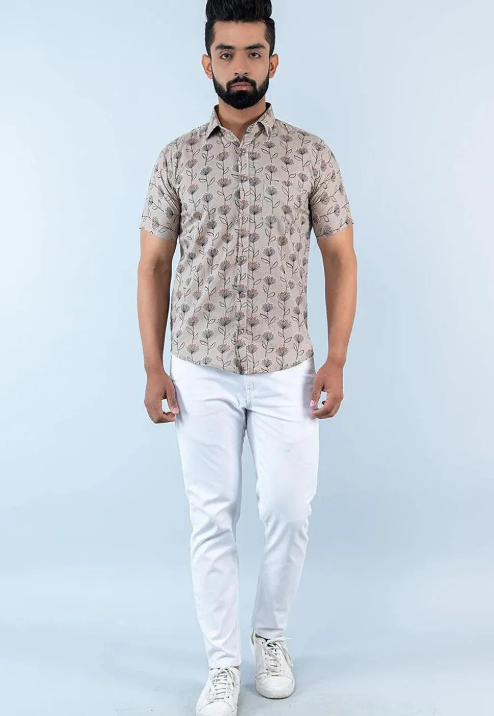Printed Pure Cotton Shirt in Light Fawn