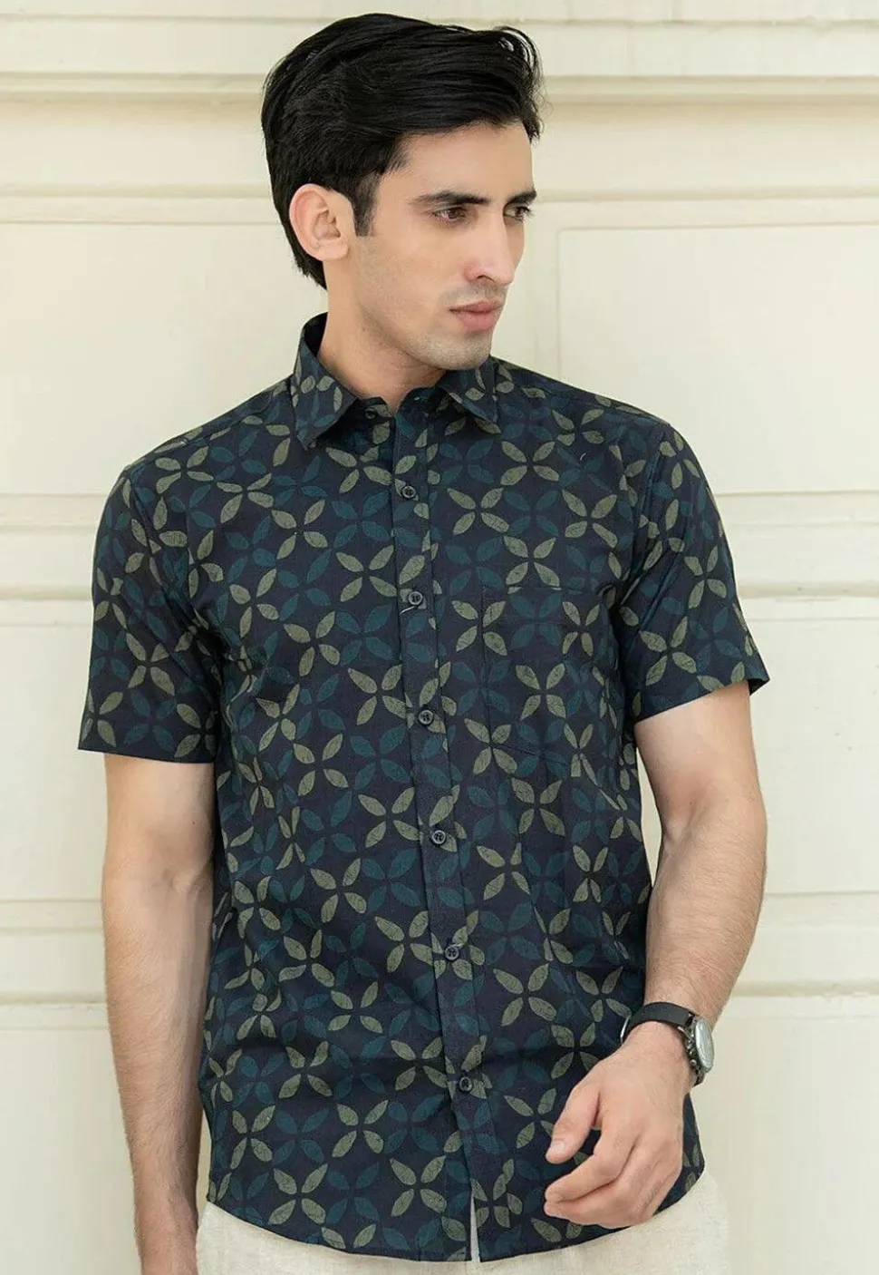 Printed Pure Cotton Shirt in Navy Blue