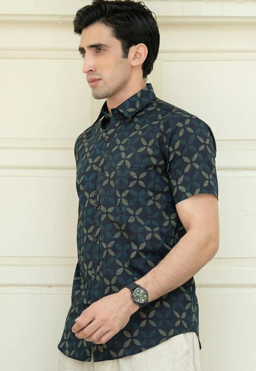 Printed Pure Cotton Shirt in Navy Blue