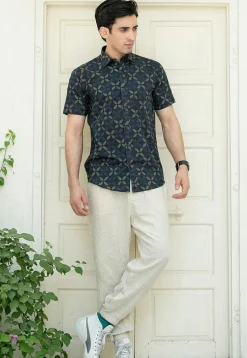 Printed Pure Cotton Shirt in Navy Blue
