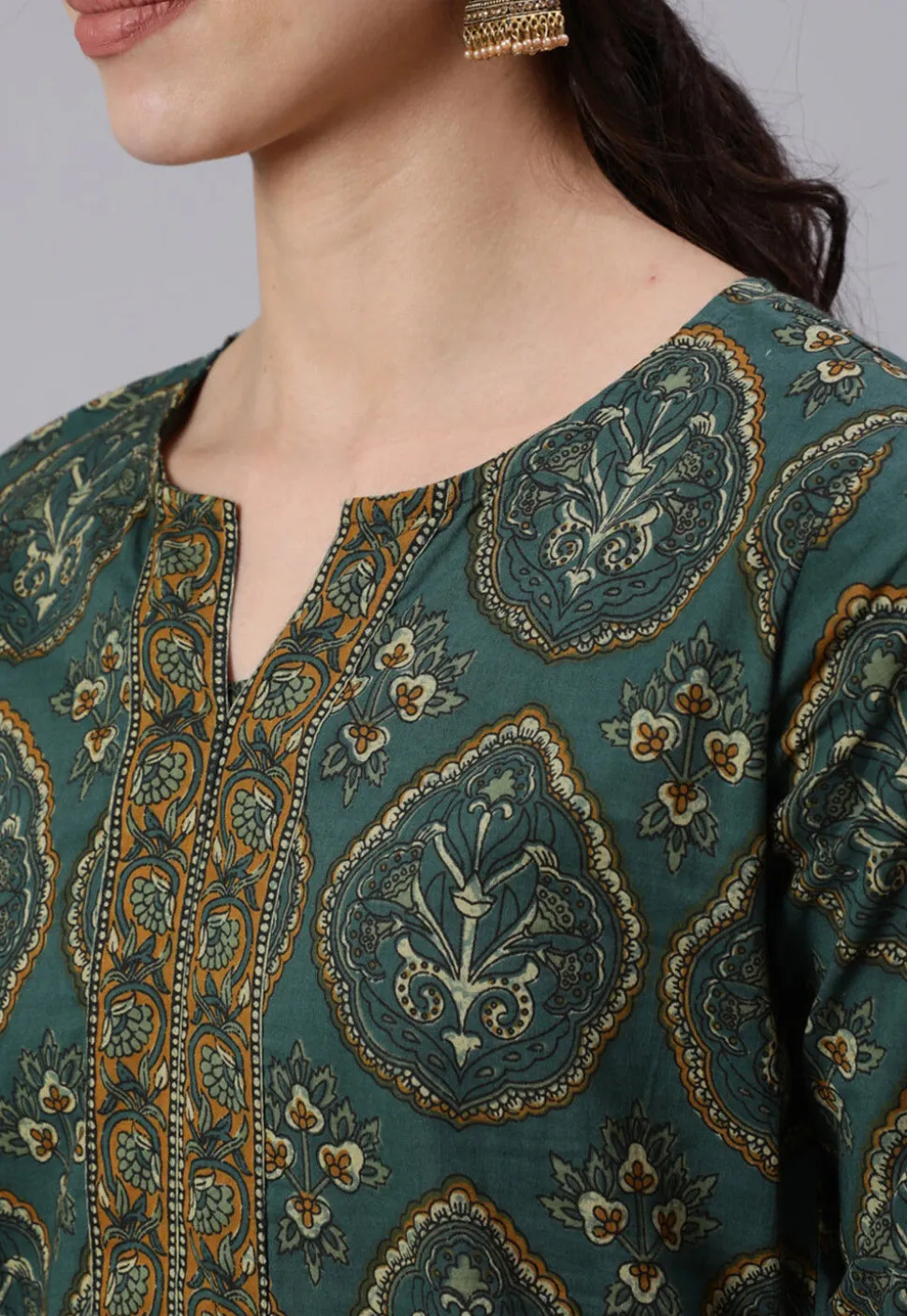 Printed Pure Cotton Short Kurti in Teal Green