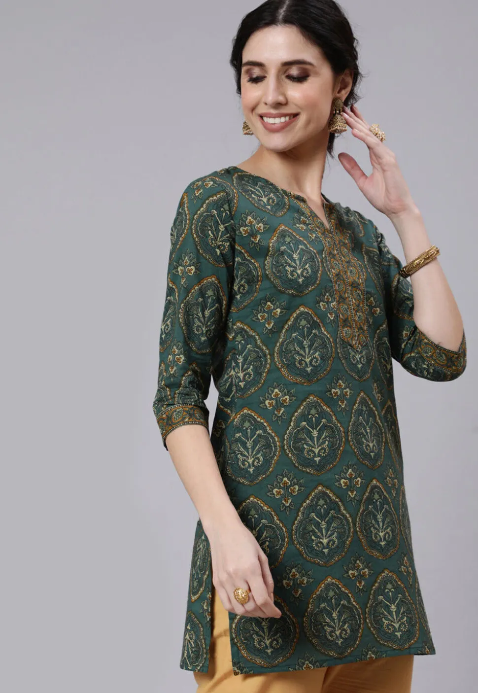 Printed Pure Cotton Short Kurti in Teal Green