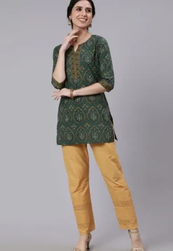 Printed Pure Cotton Short Kurti in Teal Green